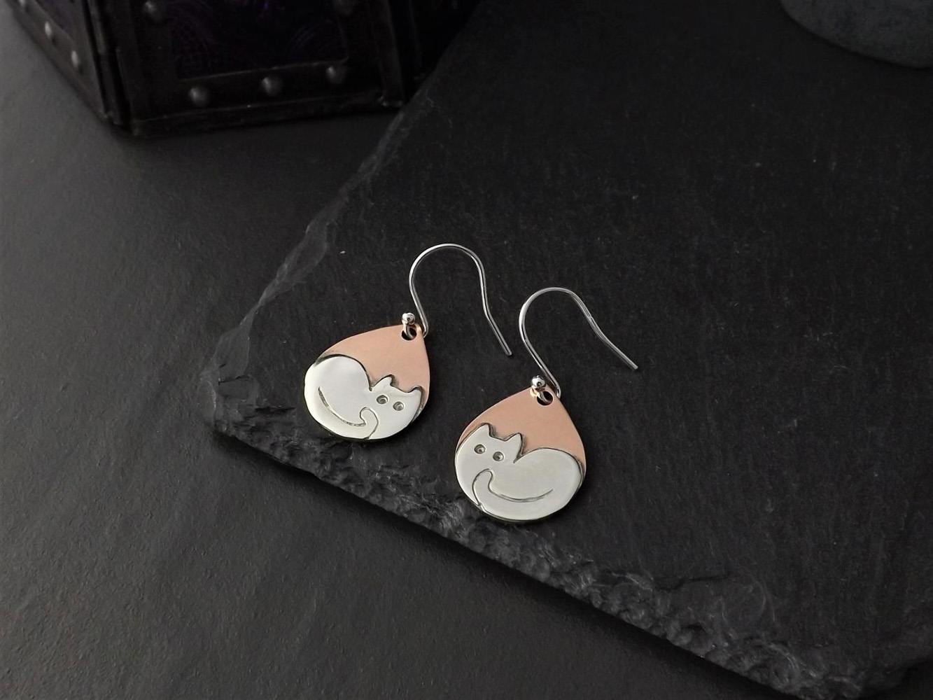 Curled Up Cat Earrings, Handmade Silver and Copper Dangly Earrings on Sterling Silver Ear Wires